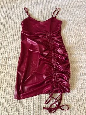 Spaghetti Strap Ruched Faux Leather Dress - Burgundy